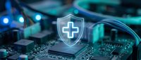 Glowing shield with medical cross symbol hovering over circuit board, representing cybersecurity and digital health protection in technology.