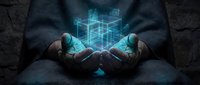 Hands holding glowing geometric hologram with digital network structure, representing technology, innovation, data science, and future digital transformation concepts.