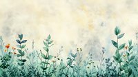 Delicate watercolor floral border with teal eucalyptus leaves and orange wildflowers on textured background, botanical composition for wedding stationery.