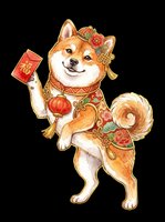 Cute Shiba Inu dog in festive lunar new year outfit holding red envelope and lantern, isolated on transparent background, for stickers, t-shirt design, clipart.