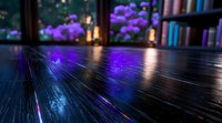 Moody evening scene with rain-soaked wooden deck reflecting purple light from glowing hydrangea flowers and lanterns in background, creating atmospheric bokeh effect.
