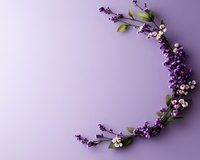 Delicate purple and white wildflowers arranged in curved frame border on soft purple background, creating elegant floral composition for wedding and romantic designs.