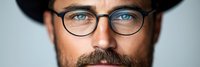 Handsome bearded man with glasses and hat looking directly at camera with confident expression for professional headshot and portrait photography.