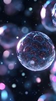 Glowing translucent sphere with intricate network patterns floating in dark space, illuminated by pink and blue bokeh lights creating magical atmospheric effect.