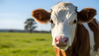 Young dairy cow with white and brown markings standing in green pasture field under blue sky for agricultural and farming concepts.