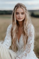 Young Caucasian woman with long blonde hair wearing white lace wedding dress poses in natural field setting during golden hour, soft romantic portrait with dreamy atmosphere.