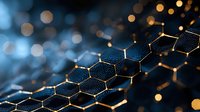 Glowing hexagonal molecular structure with golden connections on dark background, abstract science and technology concept with bokeh light effects.