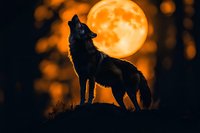 Wolf howling at full moon in dramatic orange night sky silhouette for wildlife nature photography and Halloween themed designs.