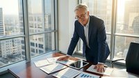 Senior male professional, Caucasian, wearing glasses and dark blazer, reviewing documents and tablet at modern office desk with city skyline view through windows.