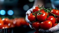Fresh ripe red tomatoes on vine held in hands with blurred kitchen background for cooking and healthy eating concepts.