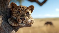 Majestic leopard resting head on tree trunk in African savanna, intense gaze and spotted coat pattern visible in warm sunlight, blurred wildlife background.