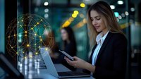 Young businesswoman in black suit using smartphone with digital global network hologram and laptop in modern office environment at night.