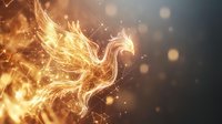 Majestic golden phoenix rising from flames with glowing particles and light effects against dark background, mythical firebird symbol of rebirth and transformation.