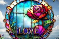 Stained glass window with rose and LOVE text in vibrant colors against sky background, featuring ornate decorative border and floral elements in art nouveau style.