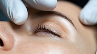 Close-up of esthetician hands in white gloves examining female client's eye area during beauty treatment procedure at cosmetic clinic or spa salon.