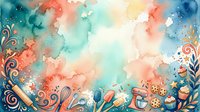 Watercolor abstract background with coral, turquoise, and gold decorative elements, splashes and swirls. Suitable for invitations, posters, and creative design projects.