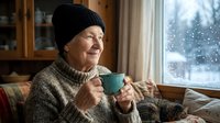 Elderly Asian woman in cozy sweater and knit hat enjoying hot beverage by snowy window, perfect for winter comfort and hygiene lifestyle concepts.