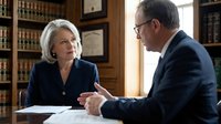 Mature female lawyer with white hair and mature male attorney in glasses discussing legal case in law library office with law books background.