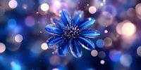 Luminous blue flower with glowing bokeh lights creating magical atmosphere against dark background, dreamy macro photography with soft focus and sparkling effects.