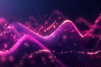 Abstract digital wave pattern with glowing pink and purple particles flowing in dark space, creating dynamic motion and futuristic technology visualization.