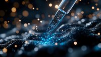Glowing blue liquid drops from scientific pipette onto dark surface with magical sparkles and bokeh lights creating luminescent effect in laboratory.