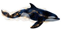 Majestic orca silhouette filled with cosmic galaxy pattern and golden stars, swimming through ethereal white smoke trails on white background, ready for design use.