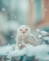 White snowy owl with blue eyes perched on snow-covered branch during winter snowfall with soft bokeh background for wildlife and nature projects.