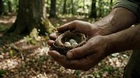 Male hands holding a small bird nest with eggs in a forest setting, representing wildlife conservation, nature education, and environmental protection.