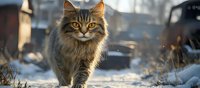 Majestic long-haired tabby cat walking in winter snow landscape with golden sunlight and bokeh effect, looking directly at camera with bright amber eyes.