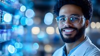 Cheerful African American businessman with glasses and beard smiling against blurred blue bokeh lights background, wearing light gray suit jacket.
