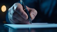 Close up of hand holding fountain pen signing document in dark moody lighting with bokeh background, business and legal concept for contracts and agreements.
