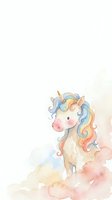 Watercolor unicorn with rainbow mane standing on fluffy clouds, pastel colors, magical fantasy creature for nursery decor and children's designs.