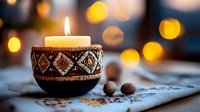 Glowing candle in decorated ceramic holder with ethnic pattern against blurred golden bokeh lights, placed on embroidered cloth with decorative nuts.