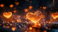 Glowing orange hearts floating in dark space with magical sparkles and bokeh lights create romantic atmosphere for Valentine's Day or love celebration background.
