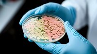 Bacterial culture growing in petri dish held by scientist wearing blue protective gloves in laboratory setting, showing pink and cream colored colonies.