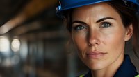 Confident female construction engineer in blue hard hat and workwear looking ahead with determination. Professional portrait in industrial setting with bokeh background.
