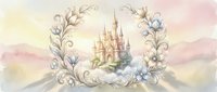 Fairytale castle surrounded by ornate floral wreath with soft pastel colors and dreamy clouds, fantasy storybook illustration for children's decor.