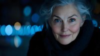 Elegant senior woman with silver hair and bright blue eyes smiling warmly at dusk, wearing black scarf against blurred city lights background, portraying confidence and wisdom.