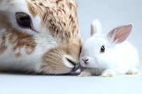 Close up of brown spotted rabbit nose to nose with small white bunny against light background, showing tender animal friendship and companionship moment.