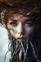 Young woman with heterochromatic eyes and tree roots growing from mouth in surreal fantasy portrait. Mystical dark atmosphere with windswept auburn hair creates ethereal forest spirit concept.
