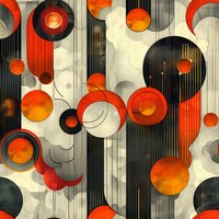 Abstract geometric seamless pattern with orange and black circles on striped background, modern retro style composition with overlapping round shapes and lines.