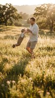 Caucasian father spinning young son in golden sunset meadow, family bonding moment in countryside field with warm natural lighting for parenting concepts.