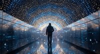 Businessman silhouette walking through futuristic digital tunnel with glowing data particles and network connections in modern technology corridor.