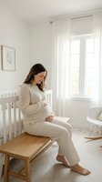 Pregnant woman in beige sweater sitting in bright nursery room touching belly, expecting mother in cozy maternity outfit preparing for baby arrival.