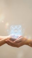 Hands holding glowing holographic technology symbol with future readiness text and digital icons on blurred background for business innovation concepts.