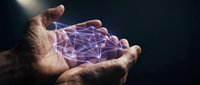 Male hands holding glowing purple digital network mesh against dark background, representing technology, connectivity, data transfer, and innovation concepts for business and digital solutions.