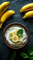 Fresh banana yogurt bowl with mint leaf garnish on dark stone background, surrounded by whole ripe bananas for healthy breakfast or dessert.