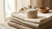 Spa wellness setup with natural cosmetic cream jar on folded towels, eucalyptus branch and wooden bowl creating serene bathroom atmosphere for relaxation.