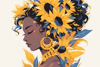 Young African American woman in profile with sunflowers adorning her hair, wearing ornate gold earrings. Artistic style with yellow blooms and blue leaves creates ethereal mood.