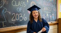 Young Caucasian female graduate in blue cap and gown smiling in classroom with Class of 2036 chalkboard background celebrating academic achievement.